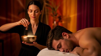 Serene spa experience with sound therapy bowl creating calming atmosphere for relaxation and wellness, stress relief, perfect for commercial projects