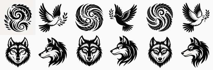 Obraz premium Black and White Illustration of Dove, Wolves, and Abstract Swirl Design Elements