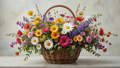 Mixed seasonal flowers in garden basket, 16: