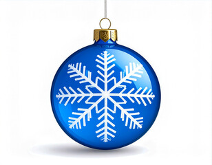 An isolated image of a blue Christmas tree ball adorned with a white snowflake. The ornament has a glossy, shiny surface that reflects light. The gold top and the string that hangs the ball add a fest
