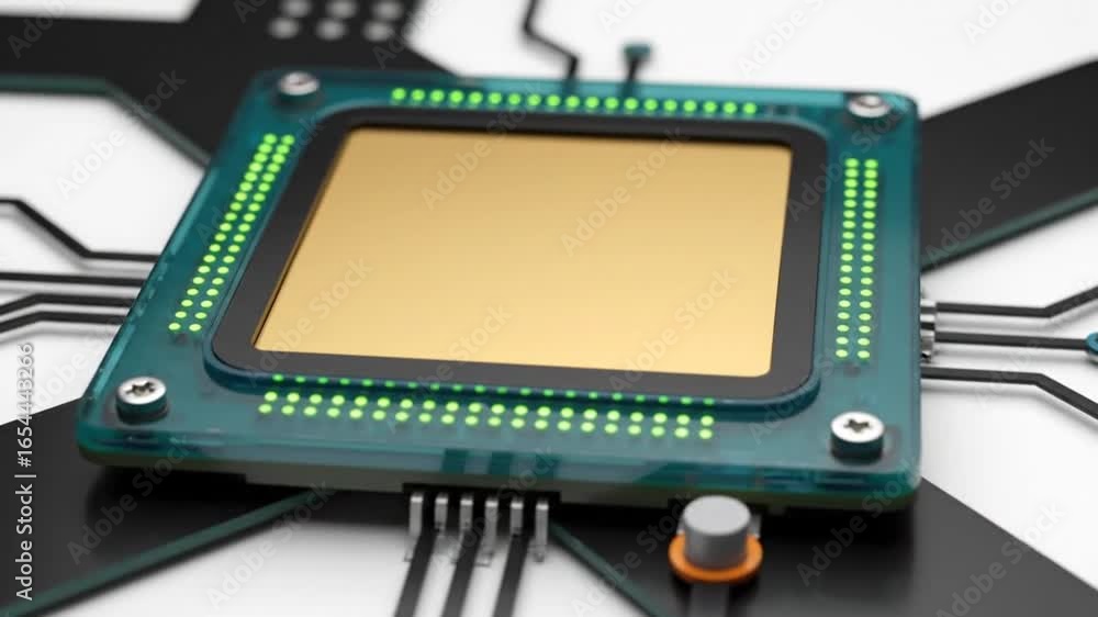 Poster detailed rendering of a computer chip with green lights on white background