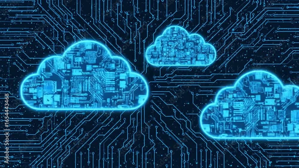 Poster digital cloud computing network with blue circuit board background technology