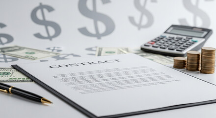 Contract with signature on dollar sign background representing finance and growth. Concept of investment, legal agreement, business success, financial planning, wealth