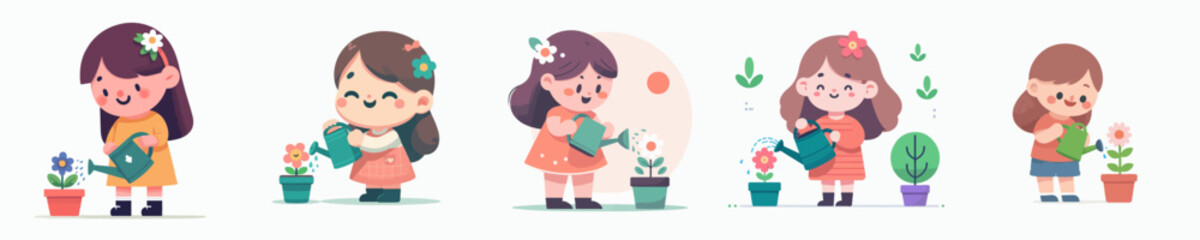 vector of a little girl watering flowers in the garden