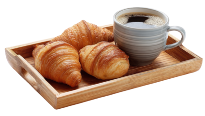 Croissants and coffee on a wooden tray