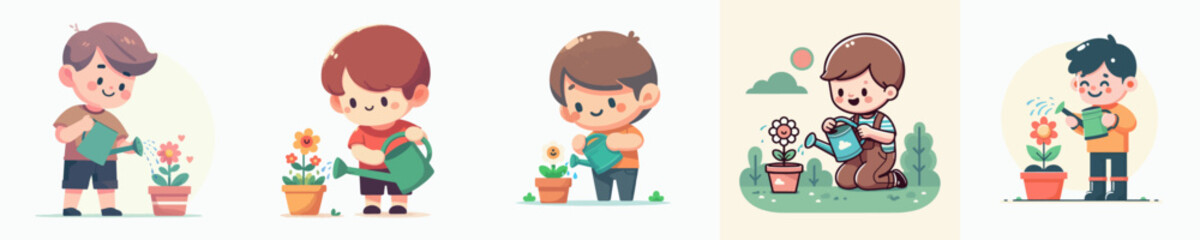 vector of a little boy watering flowers in the garden