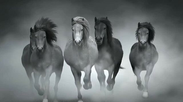 Icelandic horses running through foggy tundra in autumn