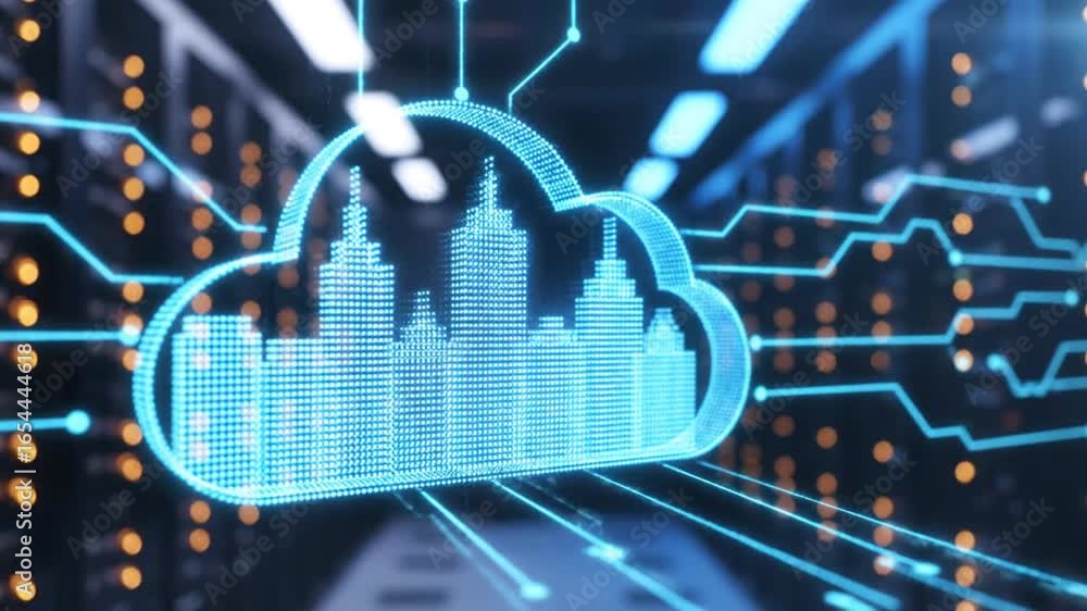 Poster glowing blue cloud computing symbol overlayed on rows of server racks technology theme