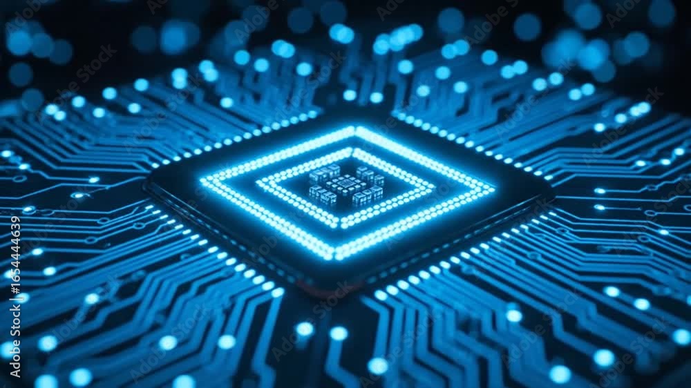 Poster glowing blue microchip with intricate circuit board design and black background