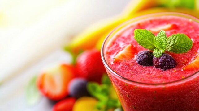 Fresh fruit smoothie made with berries and served in a clear glass