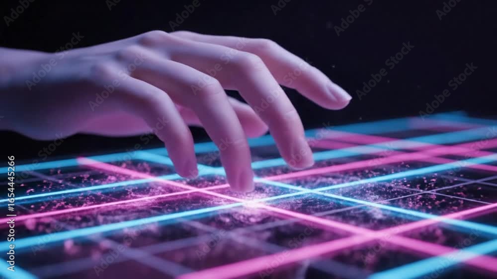Poster hand interacting with digital neon grid interface on dark background