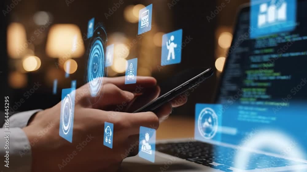 Poster hands holding phone with digital tech elements and laptop coding display