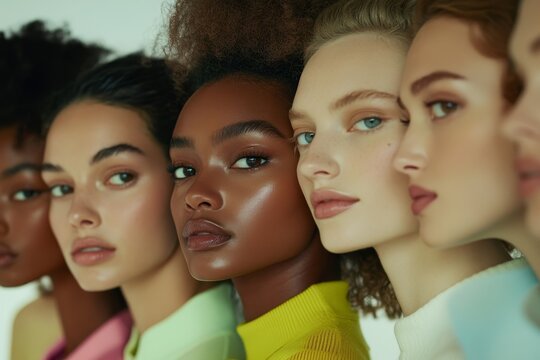 Profile view of diverse models wearing colorful outfits, showcasing beauty in variety - Powered by Adobe