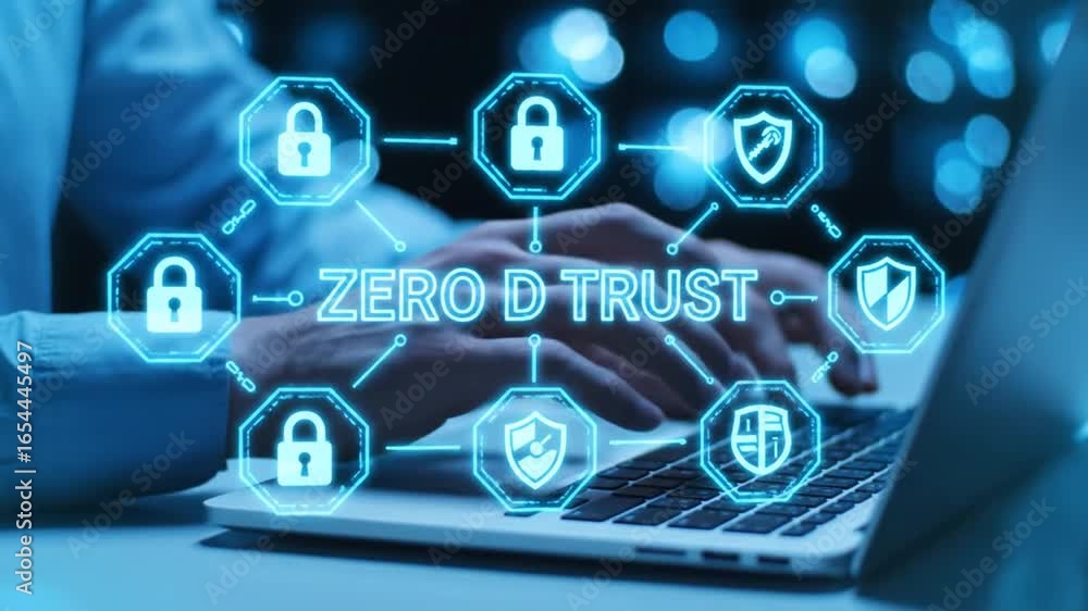 Poster hands typing on laptop with blue security network overlaying zero trust concept