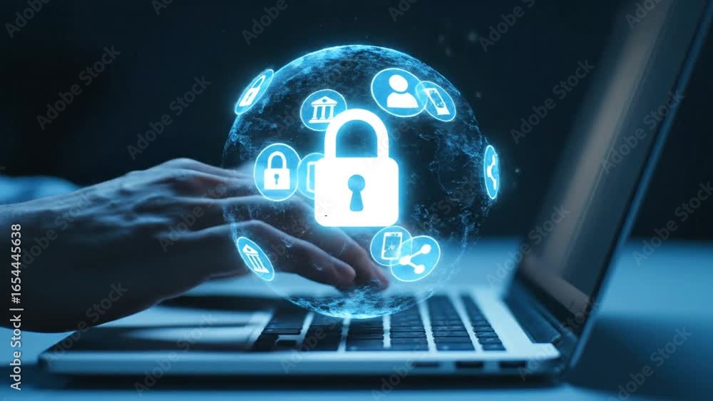 Poster hands typing on laptop with data security network visualization on dark blue tone