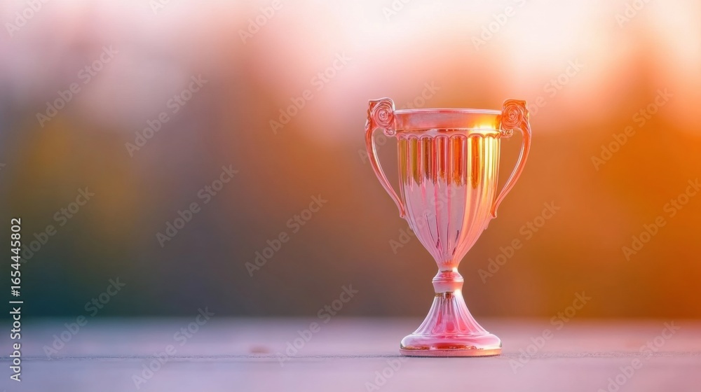 Poster shining trophy resting on a table with a soft glow at sunset