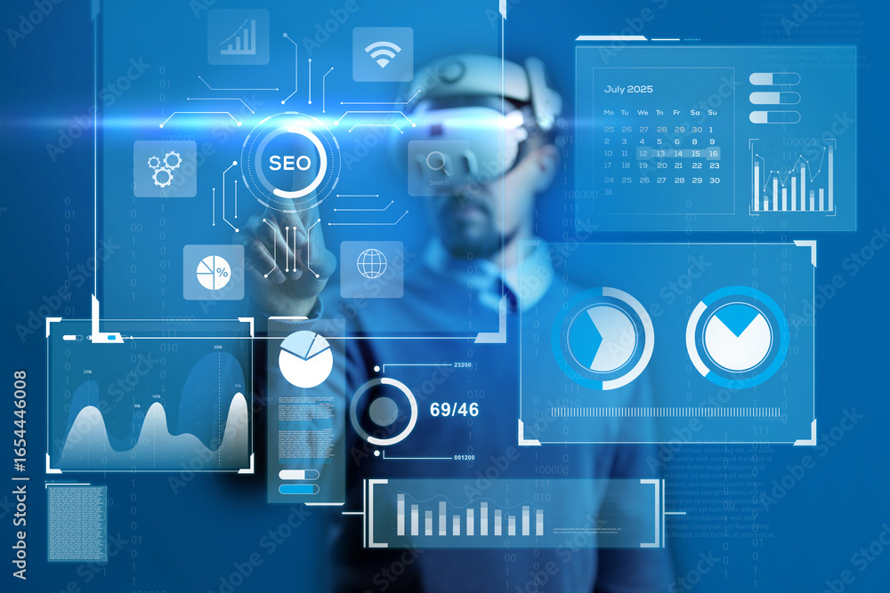 Aufkleber man interacts with virtual data dashboard wearing vr headset in a modern office setting in the year 