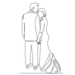 One continuous single drawing line art flat doodle wedding, bride, white, love, beautiful, groom, girl. Isolated image hand draw contour on a white background
