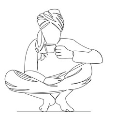One continuous single drawing line art flat doodle man, asian, indian, male, cup, beard, coffee. Isolated image hand draw contour on a white background
