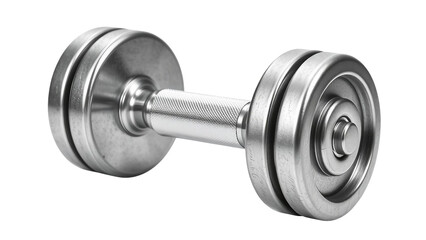 Naklejka premium Realistic metallic dumbbell with shiny steel texture, isolated on transparent background, fitness and gym equipment symbol.