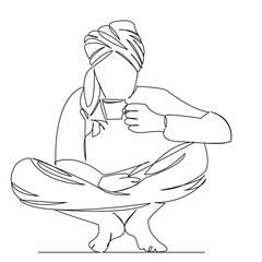 One continuous single drawing line art flat doodle man, asian, indian, male, cup, beard, coffee. Isolated image hand draw contour on a white background
