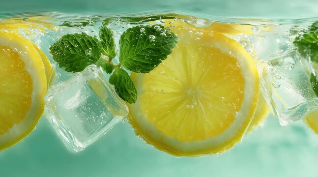 Fresh lemon slices, ice cubes and mint leaves floating underwater with light green background, refreshing summer drink concept, healthy citrus beverage and detox water in slow motion