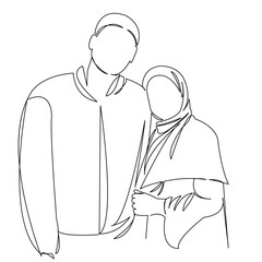 One continuous single drawing line art flat doodle couple, woman, man, lover, love, muslim, married. Isolated image hand draw contour on a white background
