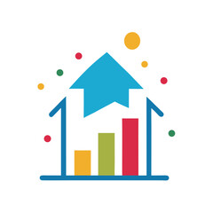 Vector art of house with an upward arrow and bar graph, symbolizing real estate investment growth