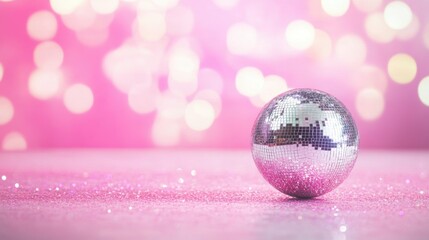 Reflective disco ball sparkles under vibrant pink lights at a party setting
