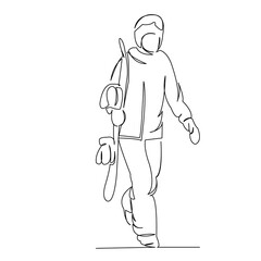 One continuous single drawing line art flat doodle ski, jump, people, fun, white, snow, winter, sport. Isolated image hand draw contour on a white background
