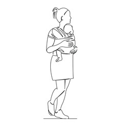 One continuous single drawing line art flat doodle parent, mother, child, family, cute, care, together, scarf. Isolated image hand draw contour on a white background
