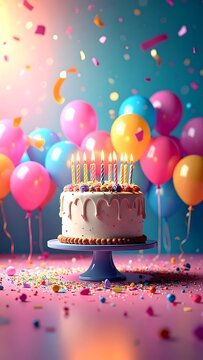 Birthday cake with balloons and confetti