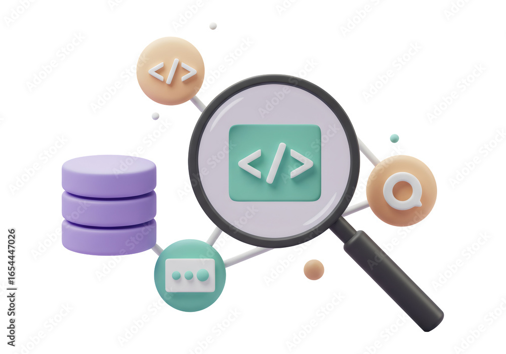 Poster 3d illustration of magnifying glass with code symbol near database icons in transparent background