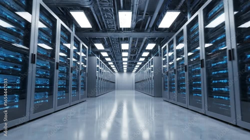 Poster illuminated server room rows of data storage racks and network hardware