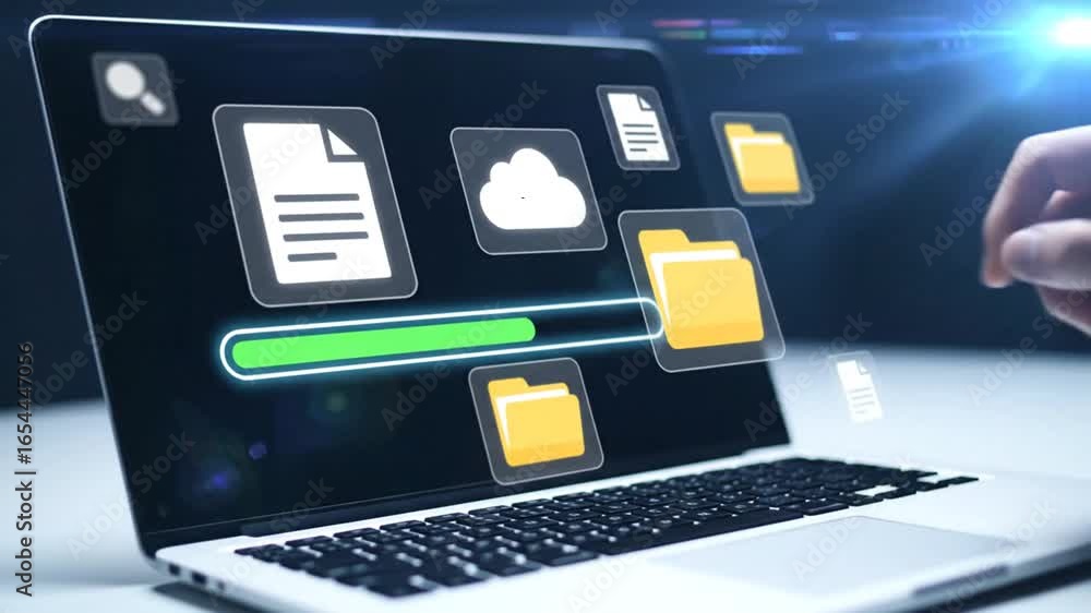 Poster laptop displaying cloud storage and file transfer progress bar in dark background