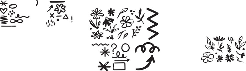 Fototapeta premium flower and Arrow brush asterisk marker line shape set. Hand drawn brush stroke asterisk, arrow, squiggle shape with grunge texture. Abstract sketch paint elements for geometric background. Vector illu