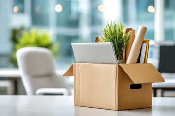 Packed box with laptop, plant on office desk, signaling job transition.