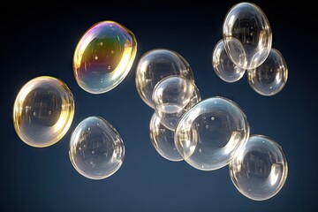 Colorful soap bubbles in mid-air, iridescent and clear