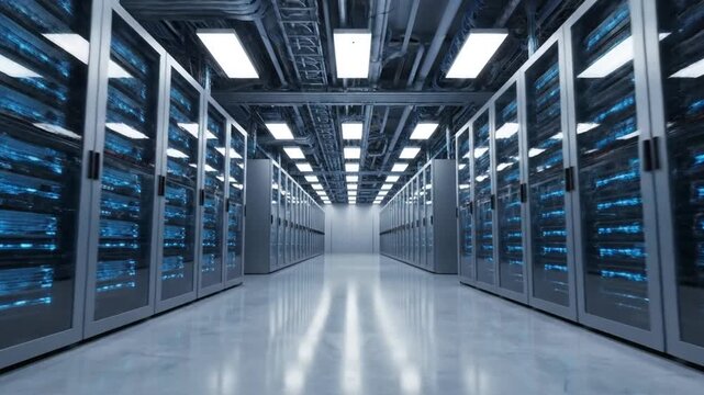 Illuminated Server Room Rows of Data Storage Racks and Network Hardware