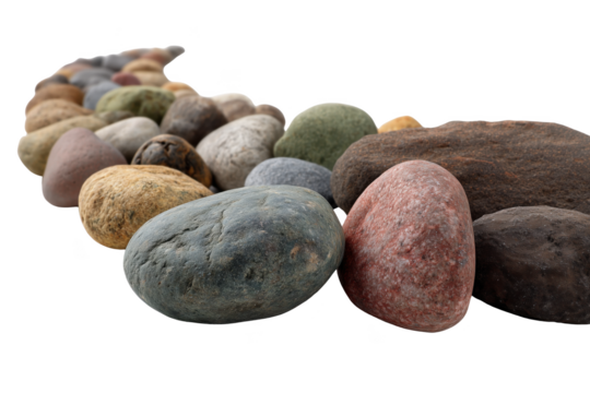 Smooth river stones in a curved line with varied colors and textures isolated on a transparent background