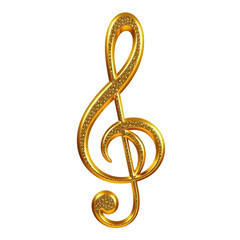 Obraz premium Shiny golden treble clef symbol, metallic effect with elegant details, isolated on transparent background, music design element.