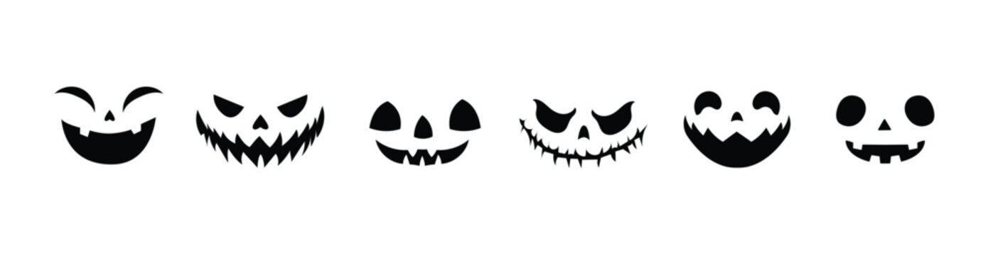 Vector collection of jack o lantern pumpkin face silhouettes in black on white. Halloween carving stencils and cut templates for craft projects, stickers, prints and digital designs.