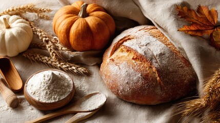  A Warm Autumn Still Life: A Round Sourdough Loaf, Pumpkins, Flour, and Wheat Ears, Creating a Cozy Baking Atmosphere with Soft Lighting.