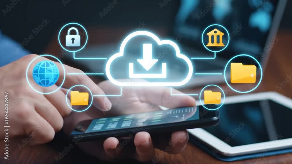 Poster man holds phone with cloud computing icons over table with laptop and tablet