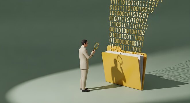 Man examining binary data files with a magnifying glass, symbolizing data analysis.