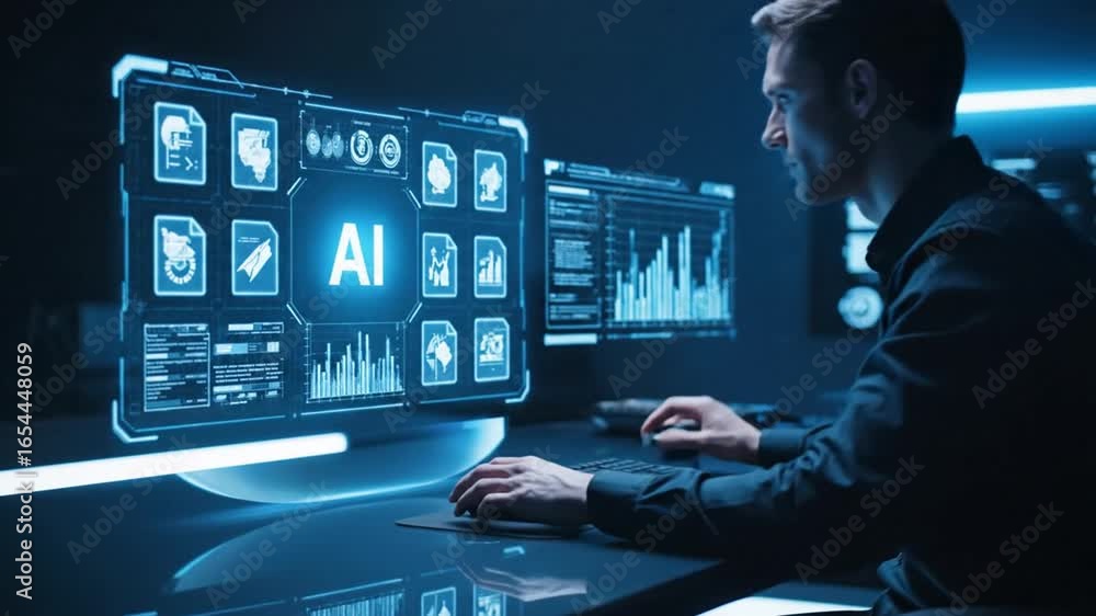 Poster man interacting with artificial intelligence interface on digital screen in dark blue room
