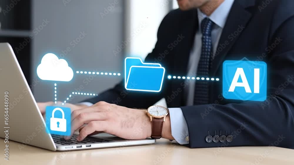 Poster man in suit typing on laptop with cloud data and security visualizations