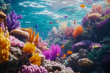 Naklejka premium Vivid coral reef scene with diverse coral species and tropical fish swimming in crystal clear turquoise water