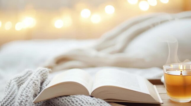 Cozy Reading Nook: A comforting scene of a worn, open book nestled beside a warm drink and lit candle, all illuminated by soft string lights, inviting relaxation and literary escape. 
