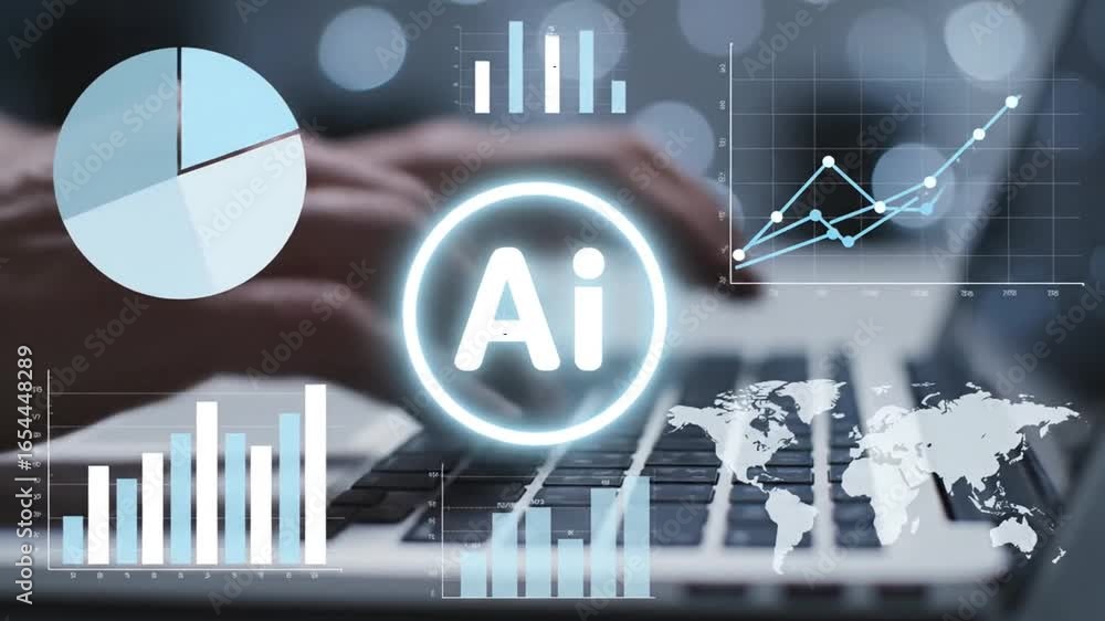 Poster man typing on laptop with data analytics and artificial intelligence visualizations
